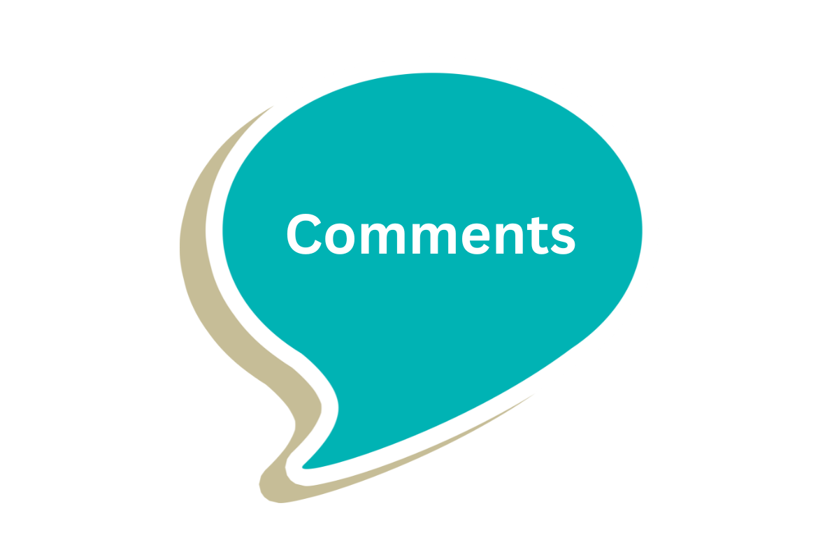 Comments in white letters inside a stylized turquoise word balloon