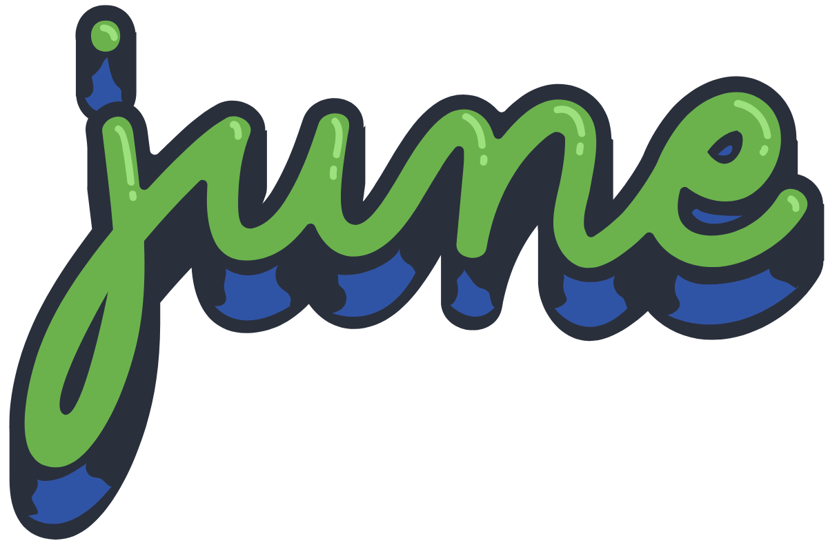 Stylized three-dimensional script printing of the word "June" in green