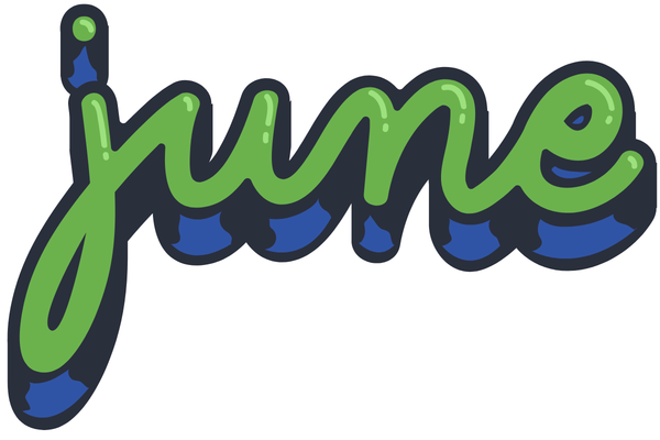 Stylized three-dimensional script printing of the word "June" in green