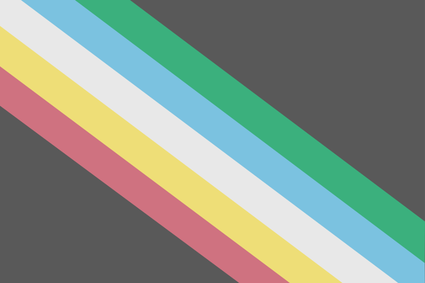 Disability Pride Flag - Rainbow stripes of green, blue, white, yellow, and red stretching from top left to bottom right corners. with dark grey background