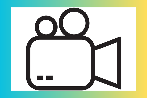 Black and white line icon of a movie camera with white background and a blue, green, yellow gradient border