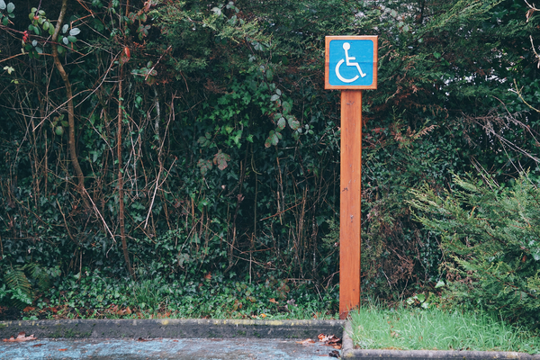 Small, square white on blue wheelchair symbol sign on a tall pole, with woods in the background