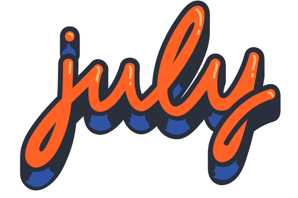 Stylized three-dimensional script printing of the word "July" in orange