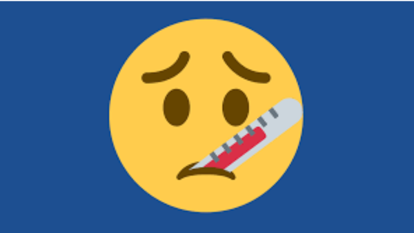 Yellow "Smiley" face looking sick, with thermometer in its mouth, on a blue background